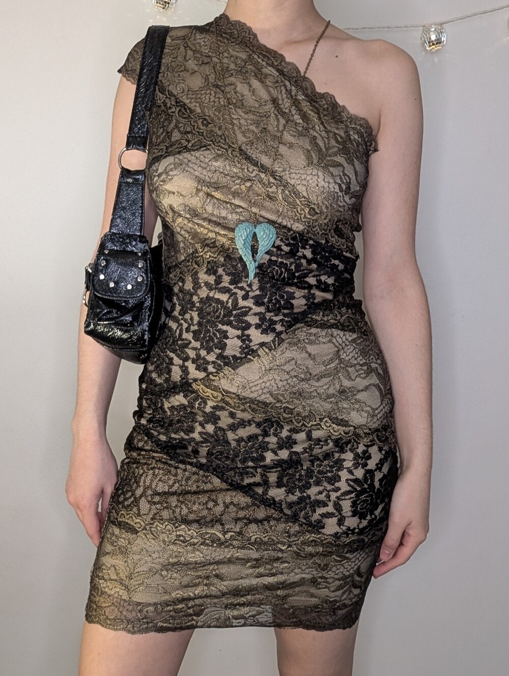 One-Shoulder Black Lace Overlay Bodycon Dress - Y2K Going Out